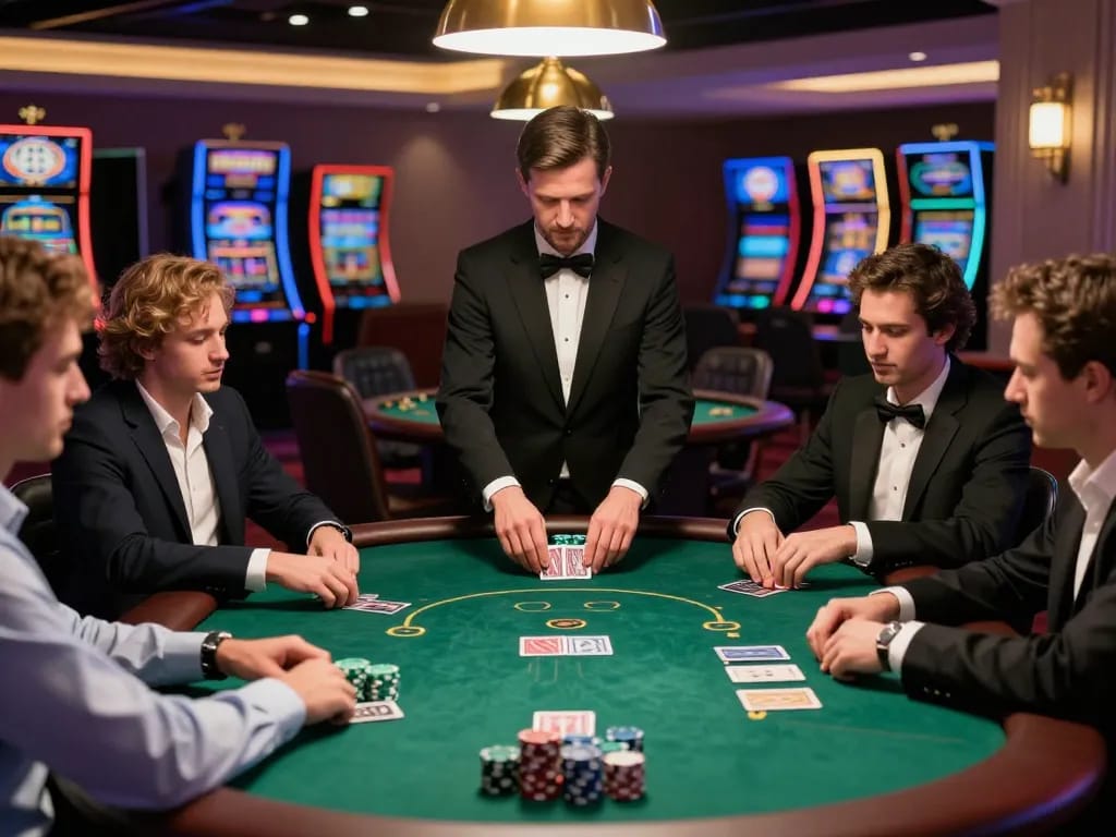 Players at an mb66 blackjack table making strategic bets amidst a vibrant casino atmosphere.