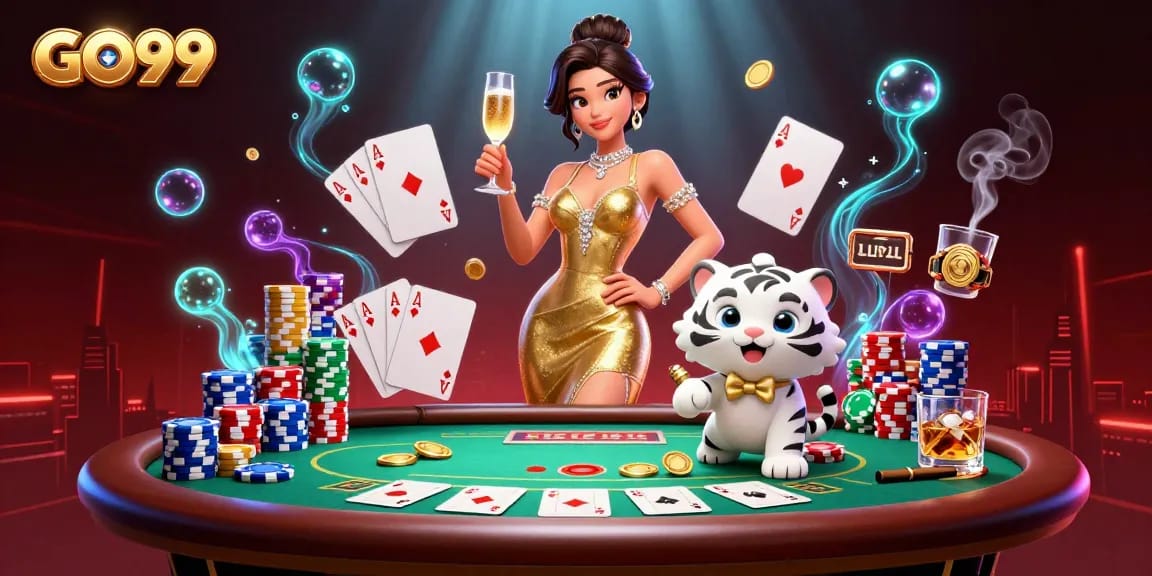 Experience the thrill of GO99 as a glamorous woman celebrates with a lucky tiger and casino elements.