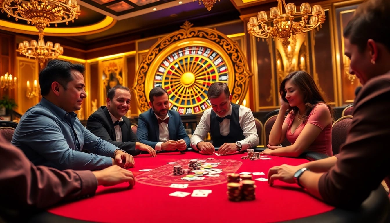 Players enjoying a high-stakes poker game at Haywin's luxurious online casino table, filled with vibrant colors and excitement.