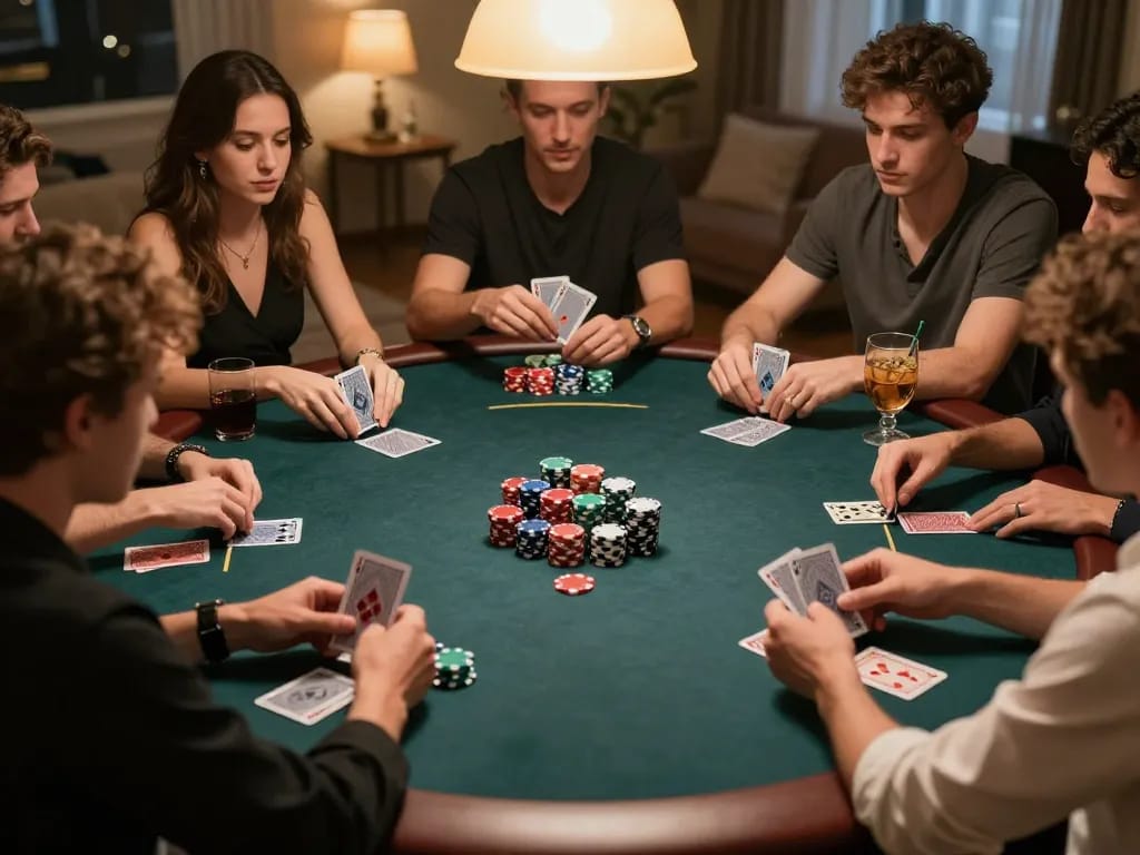 XX88 players engaged in a competitive home poker night with vibrant chips and cards