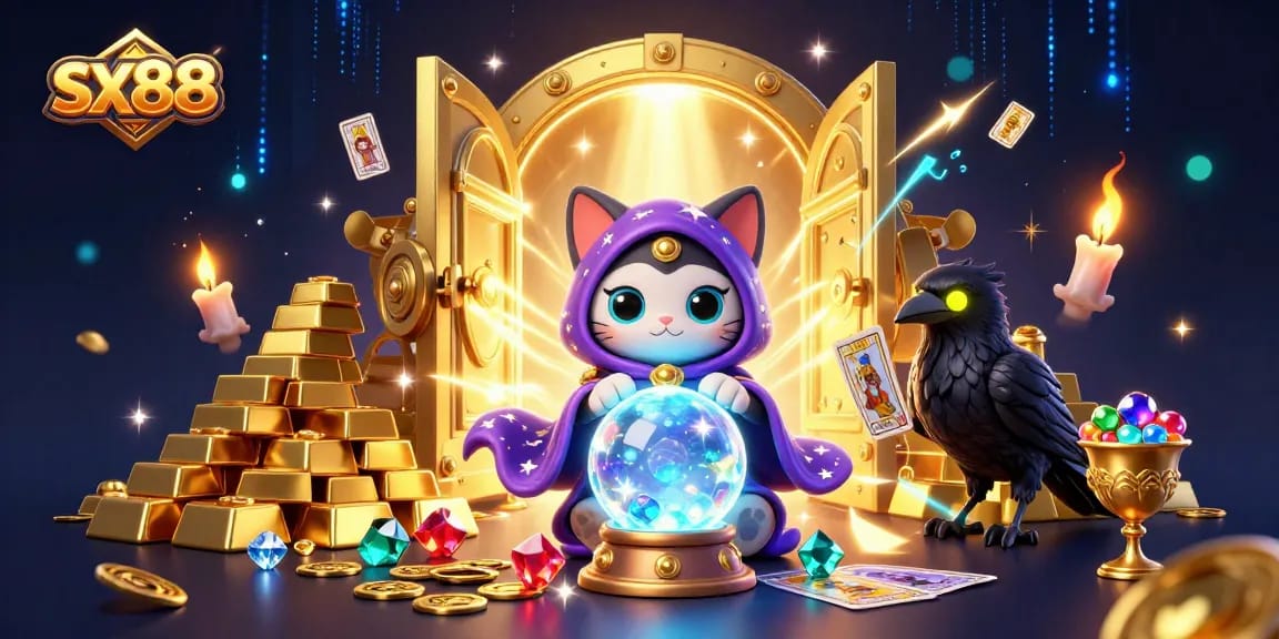 Sweep into winning with sx88's vibrant 3D cartoon casino scene featuring a fortune teller cat and glowing raven.