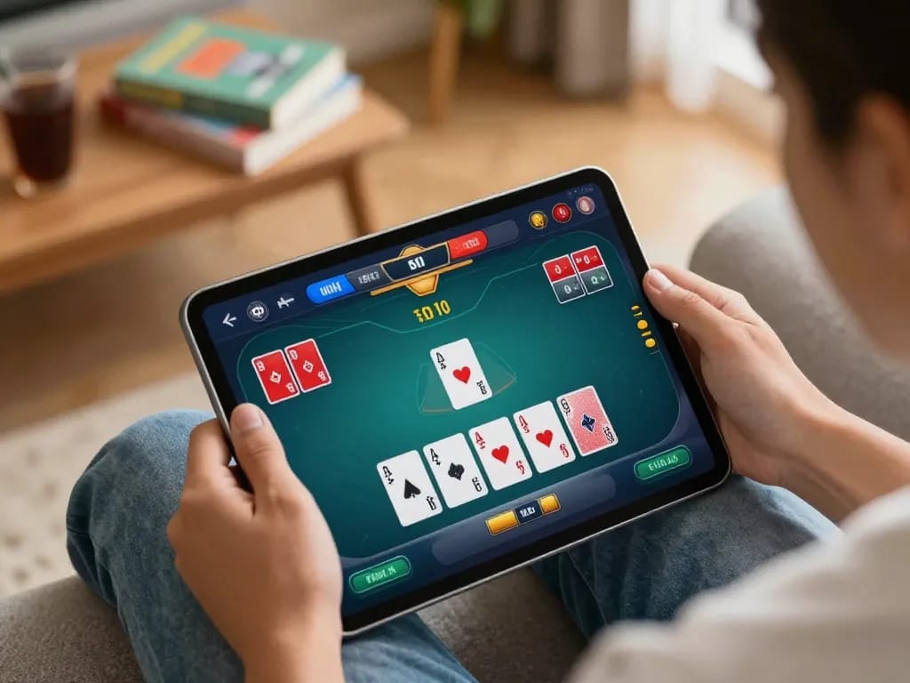 Player engaging with open88 com online poker game on a tablet in a cozy living room atmosphere.