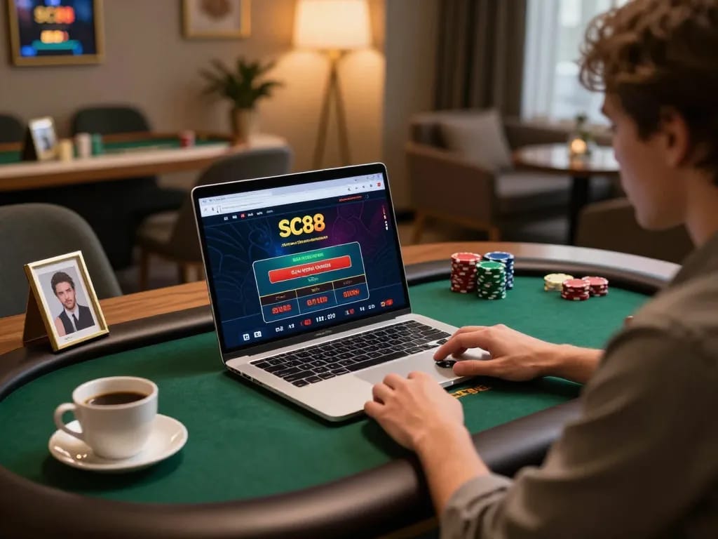 Player engaging in a virtual poker game on SC88 platform at stylish home office.