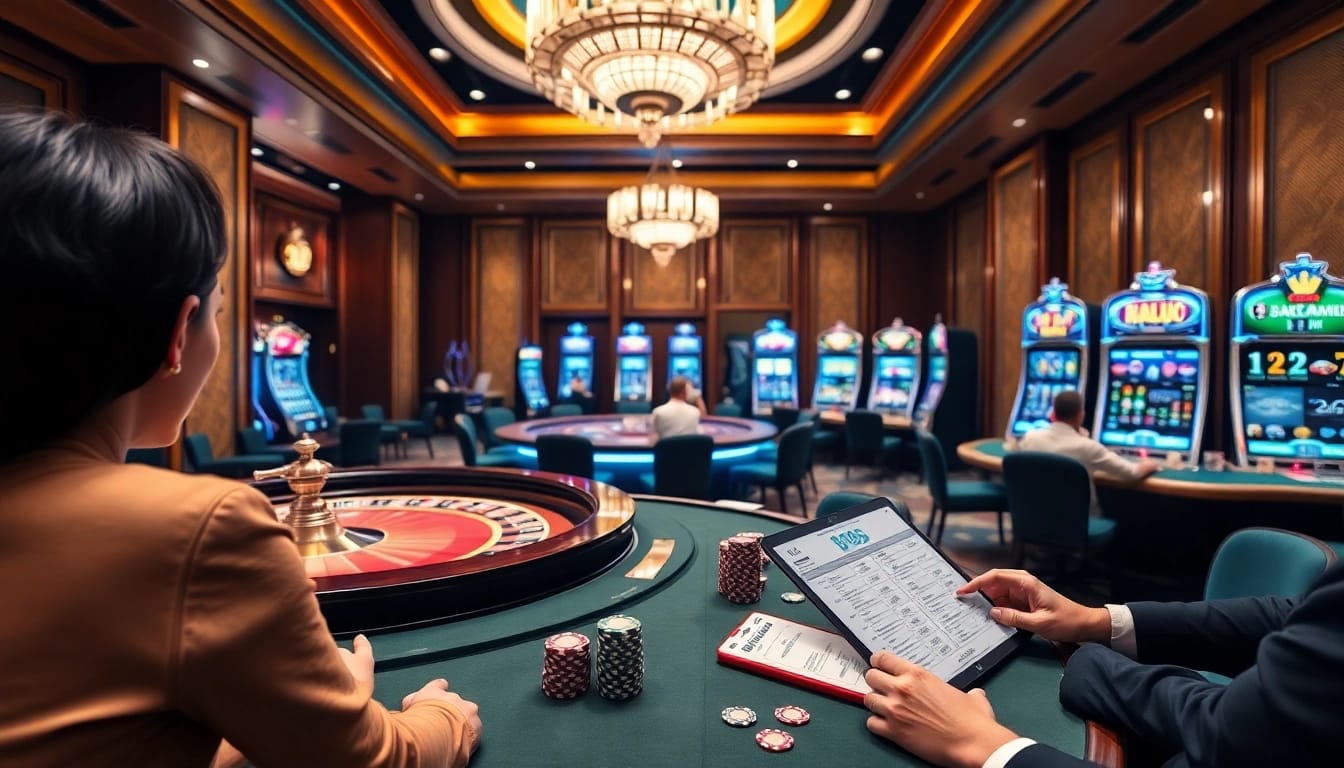 Experience high-stakes gambling at say88 with elegant casino tables and vibrant slot machines.