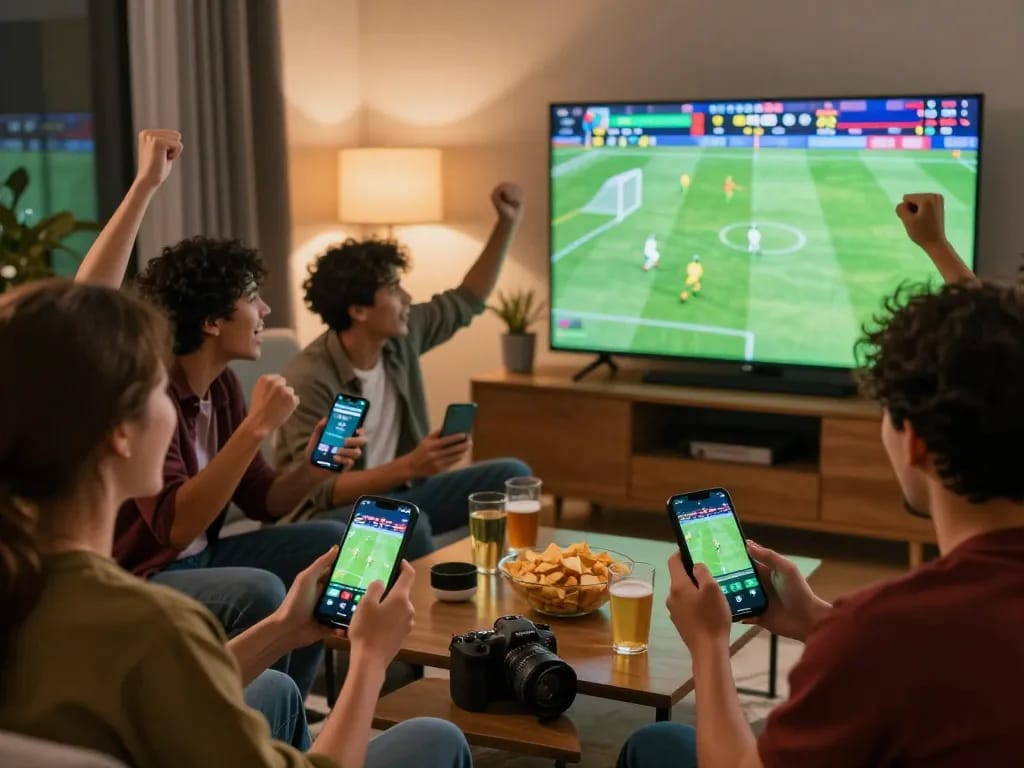 Friends celebrating while tracking kèo nhà cái during a football match in a lively living room.