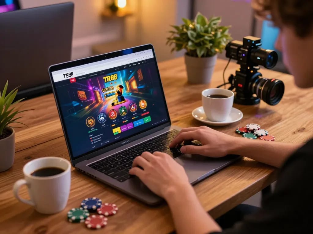 Playing TR88 online casino games at home, showcasing engaging gaming interface and chips on the desk