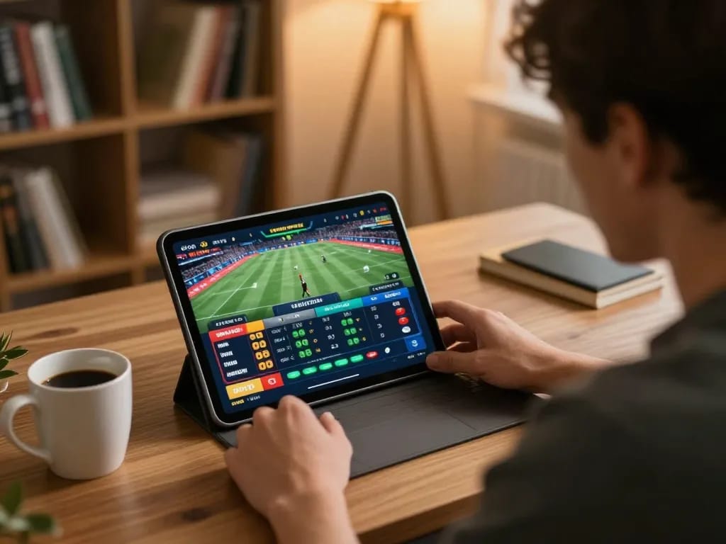 Engaged user placing bets on 79king sports betting app while analyzing odds in a cozy home office.