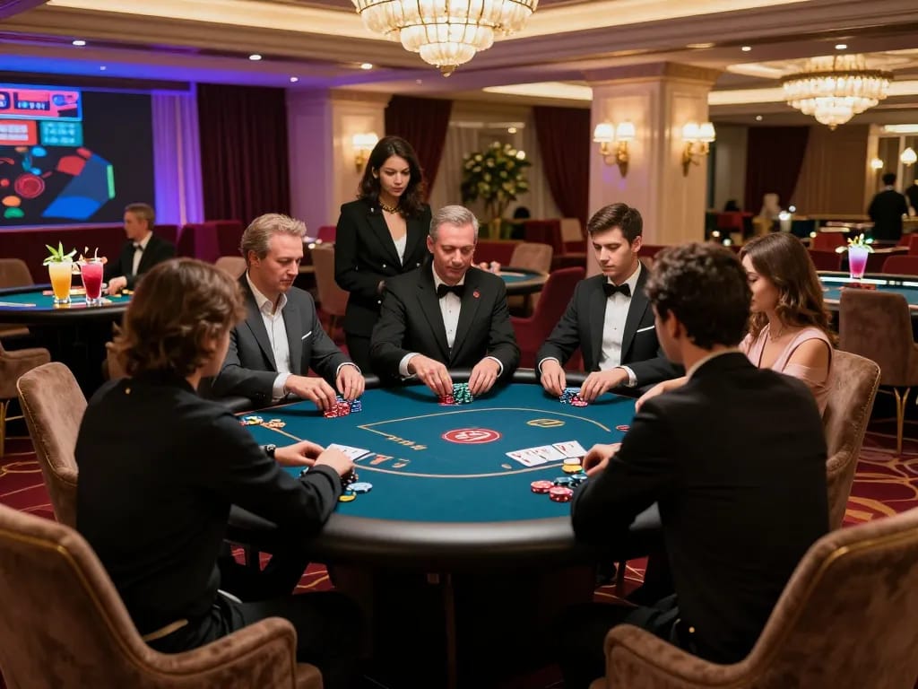 Players strategizing at RR99 poker table in a luxury casino environment.