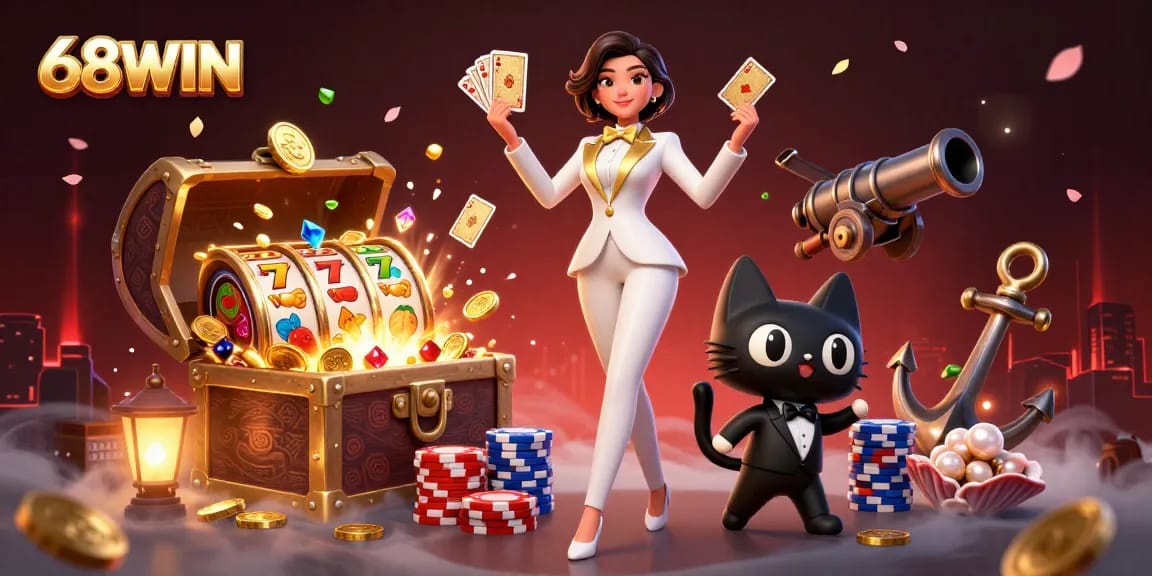 Join the 68WIN experience, where the glamorous dealer and playful cat enjoy dynamic slots action!