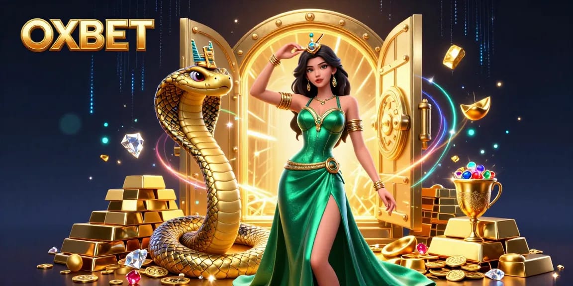 Engage with OXBET's vibrant casino grandeur featuring a stunning heroine amidst treasures.