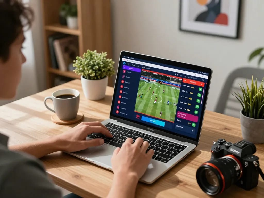 Engaging online betting session showcasing nhandinhkeonhacai in a stylish home office with vibrant betting odds displayed.