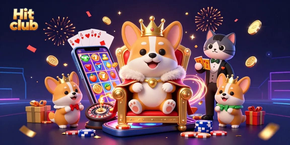 Win big at Hit club with vibrant 3D illustration featuring a royal corgi amidst festive casino elements.
