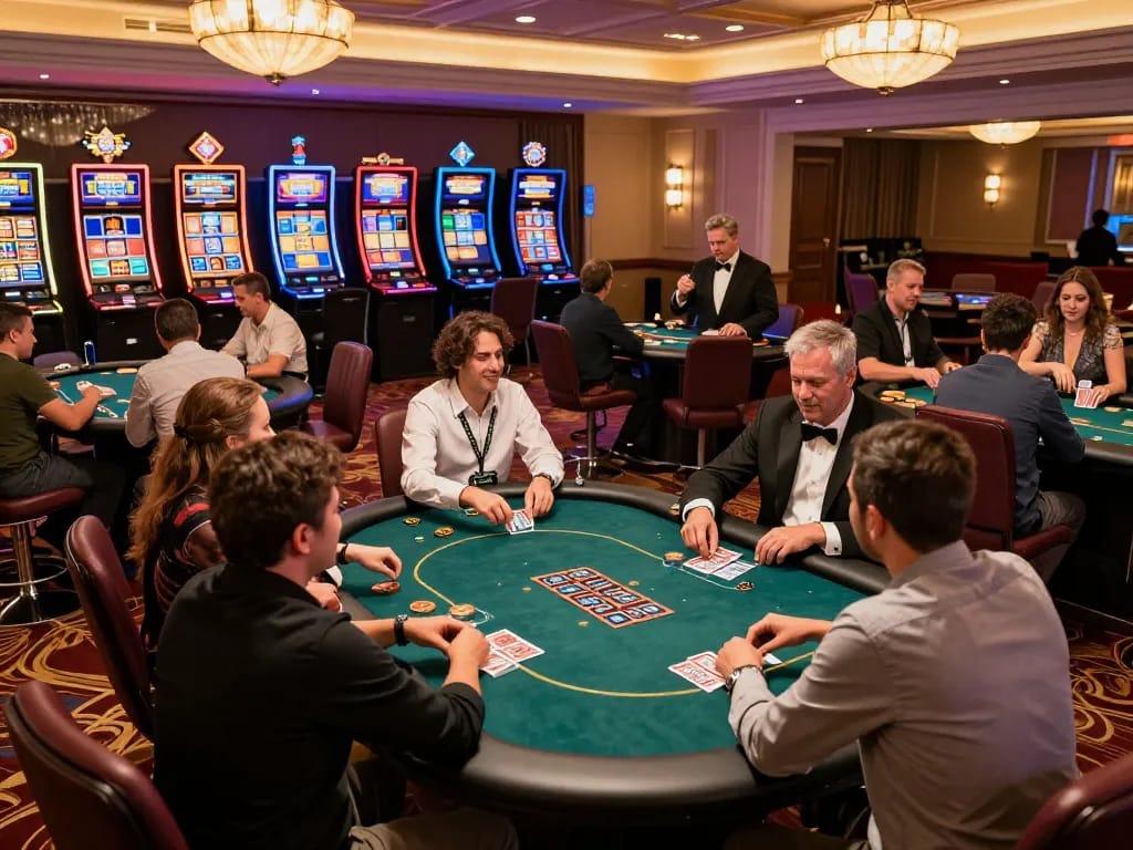 Active casino scene featuring players at a poker table and slot machines, showcasing incakoin in a vibrant gambling experience.