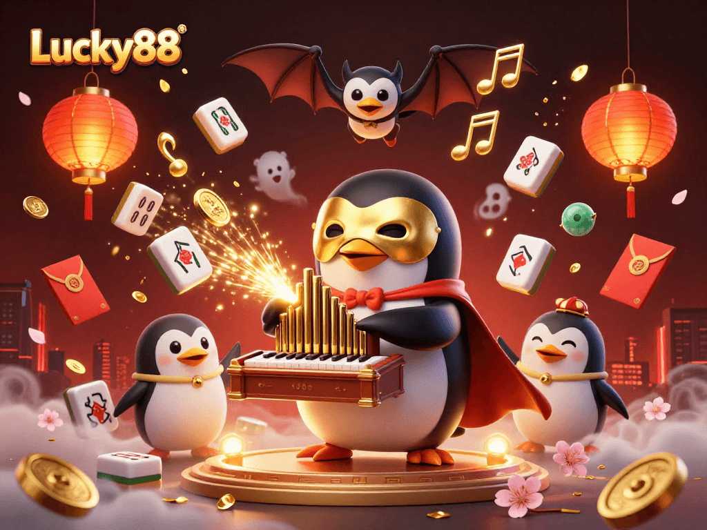 Experience luck with Lucky88's vibrant casino scene featuring a whimsical penguin and dynamic game elements.