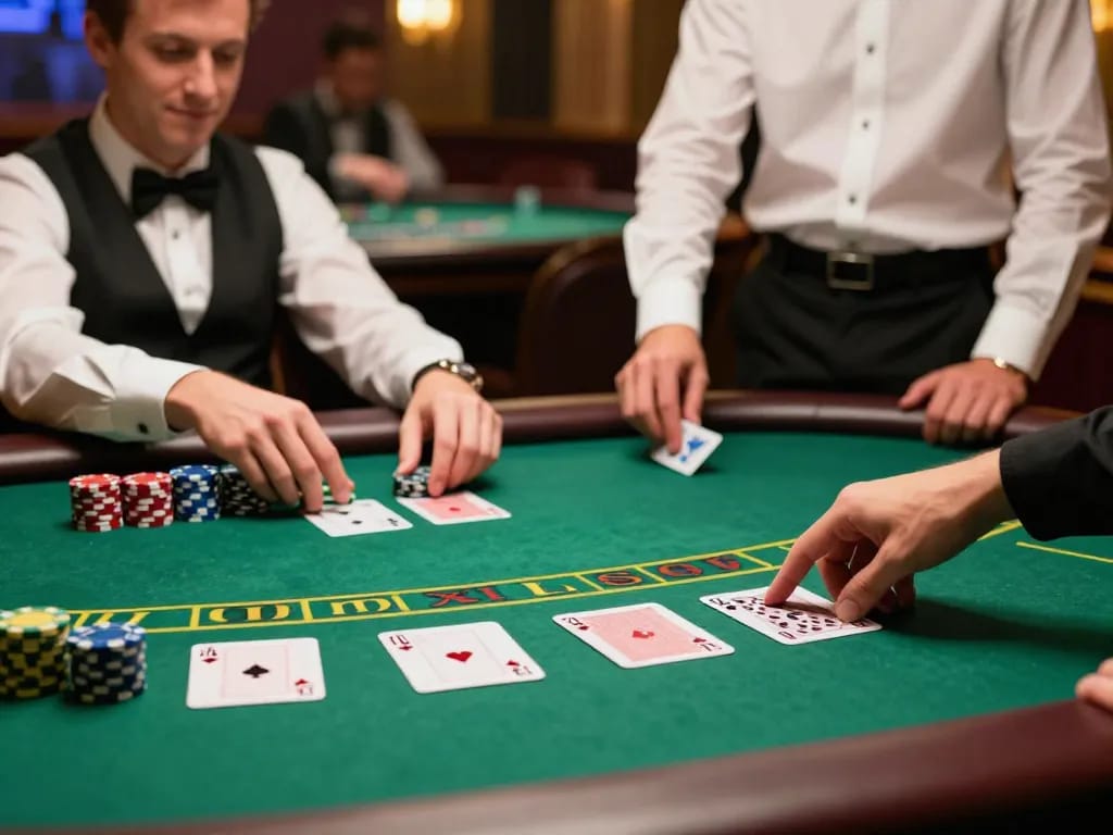 TT88 player placing a strategic bet at a blackjack table in a vibrant casino atmosphere.