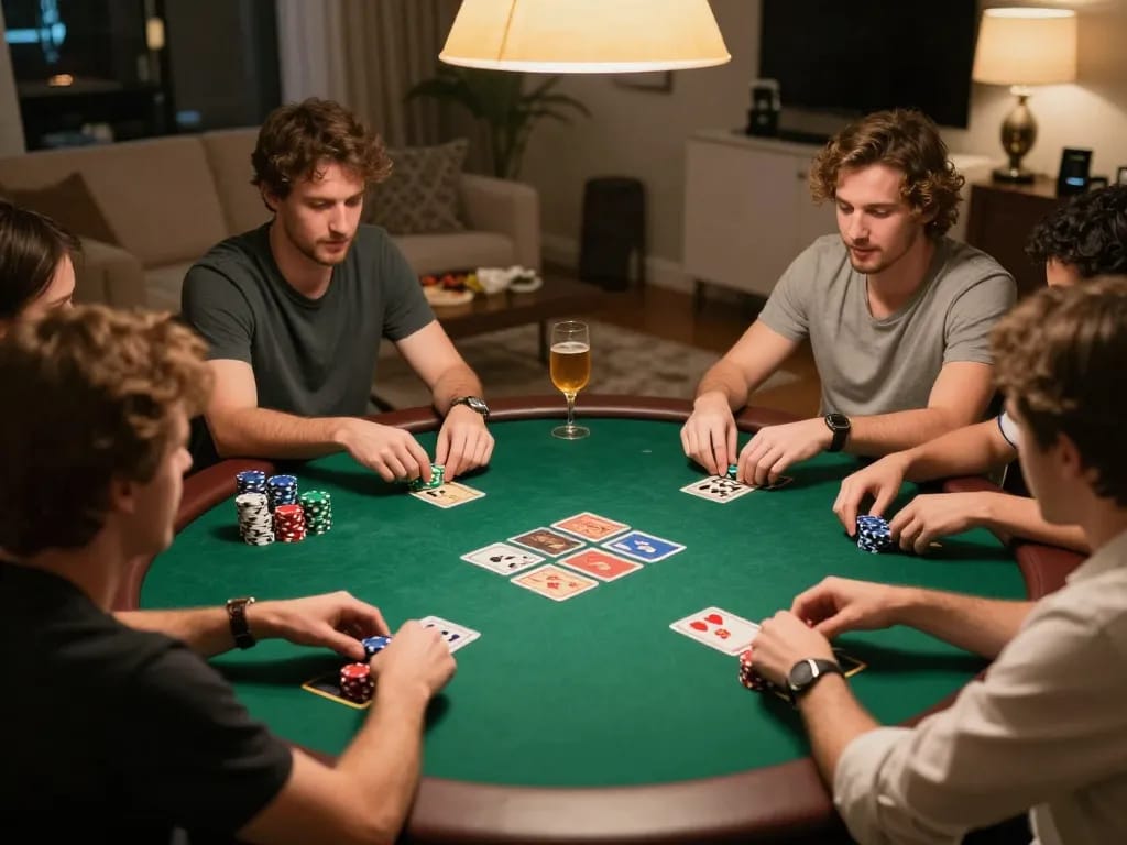 Players strategizing during a private poker night featuring hm88-inspired gaming elements, creating a vibrant atmosphere.