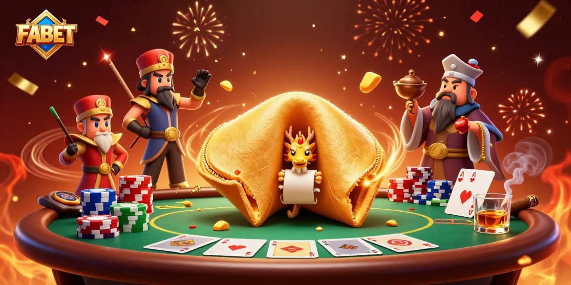 FABET gambling scene with a 3D golden fortune cookie and poker elements creating winning excitement.