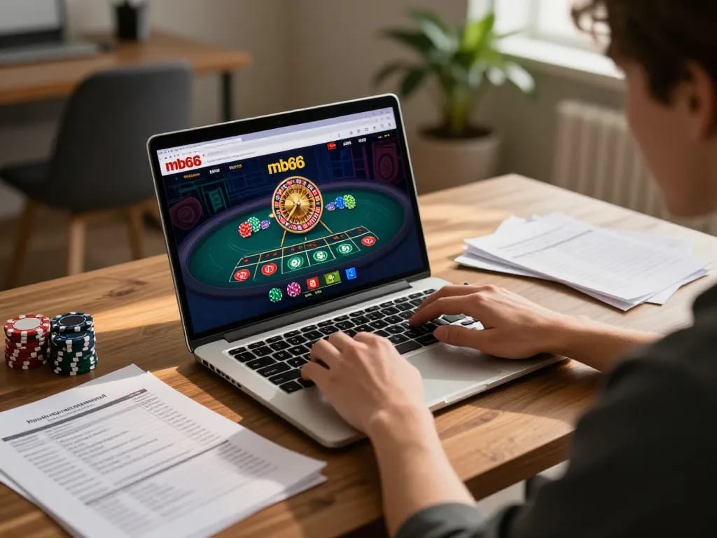 Player enjoying an mb66 roulette game on laptop at home, emphasizing strategic online gambling