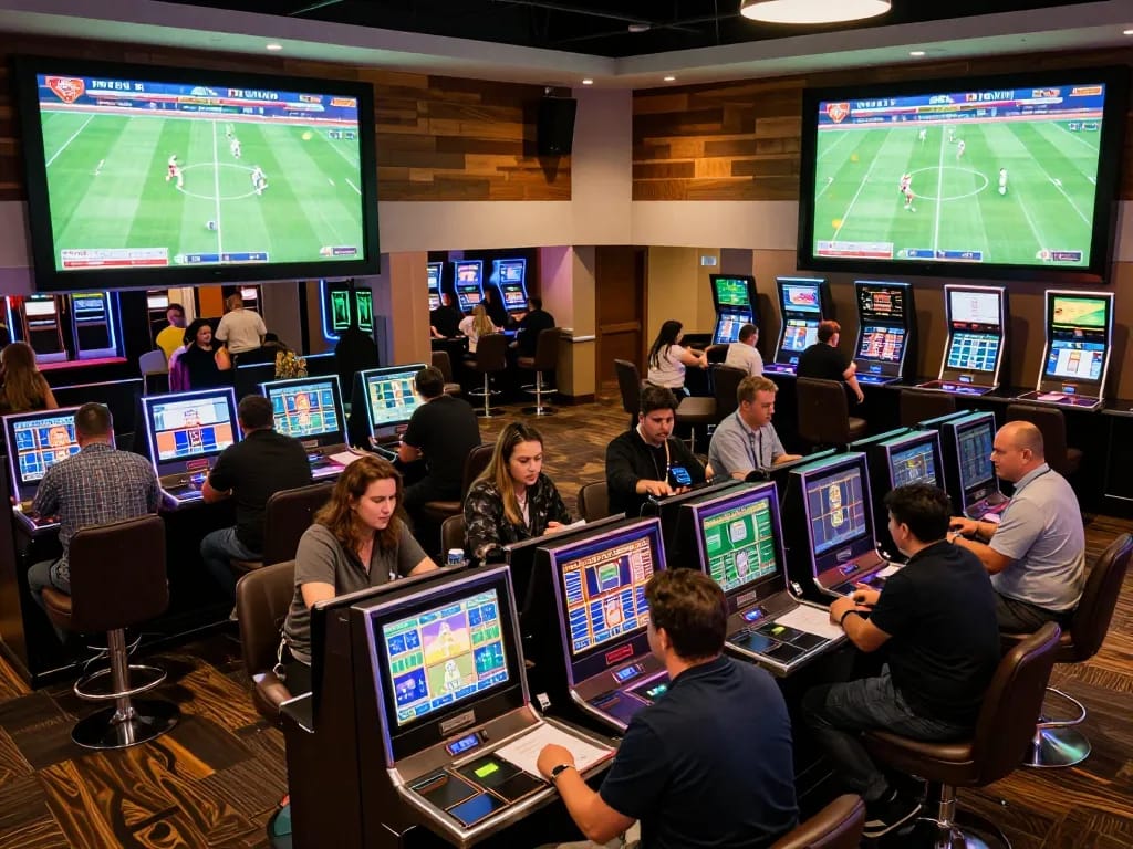 Engaged bettors analyzing kèo bóng đá odds in a lively sports betting area at a casino