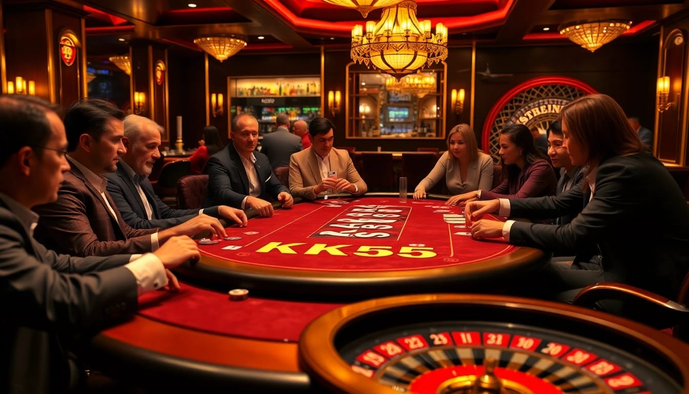 Experience KK55 excitement at a poker table with players engaged in high-stakes action.