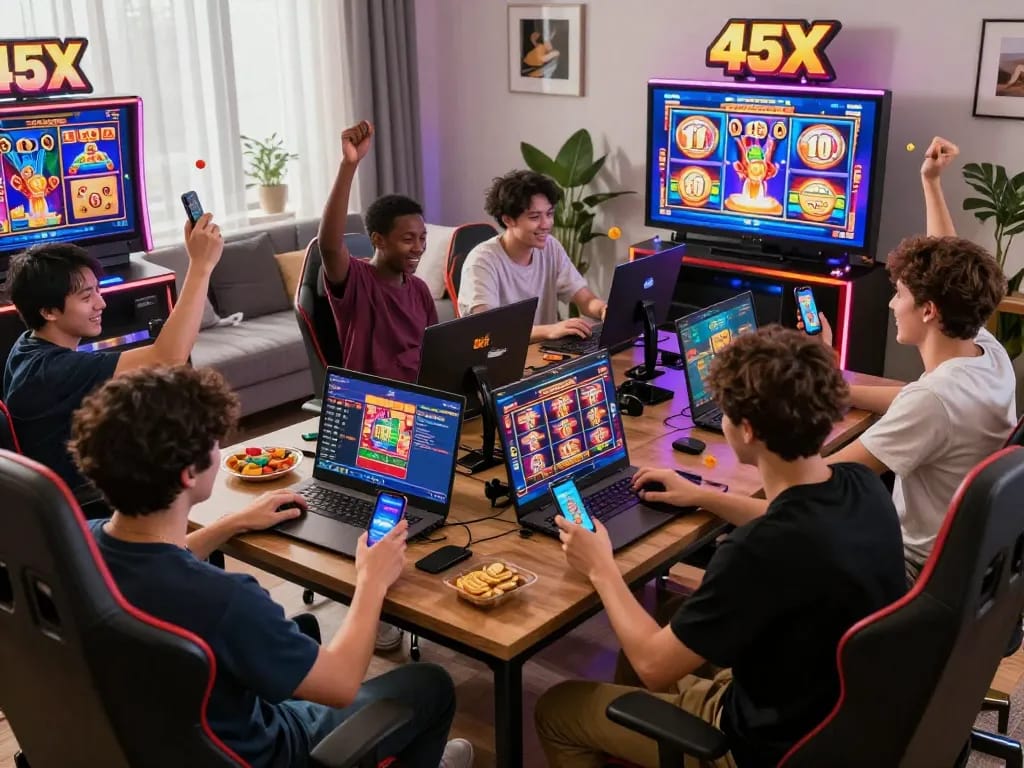 Players enjoying the 45X online slots platform, celebrating wins in a cozy gaming atmosphere.