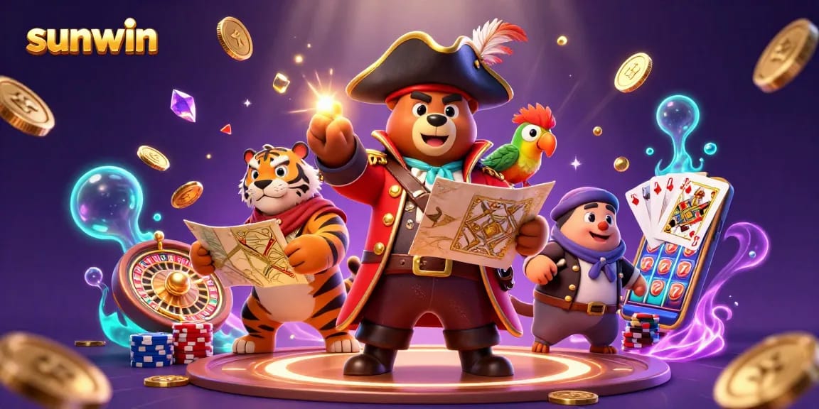 Engage in thrilling gameplay at Sunwin with a vibrant 3D pirate scene showcasing slots and casino excitement.