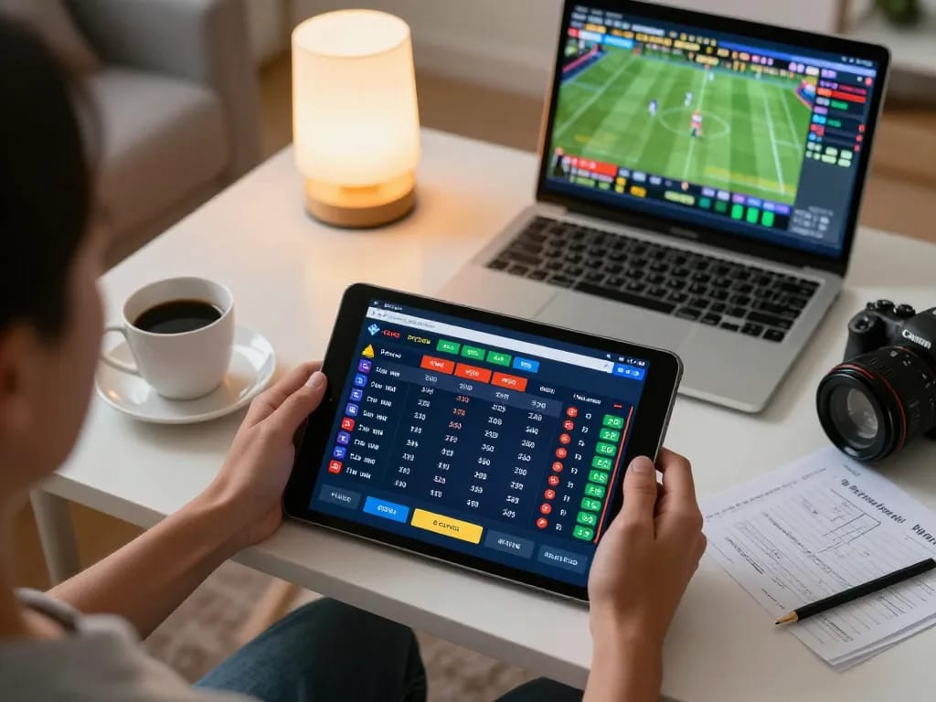 Xibet user analyzing betting odds on a tablet, enjoying a strategic gaming experience in a cozy home environment