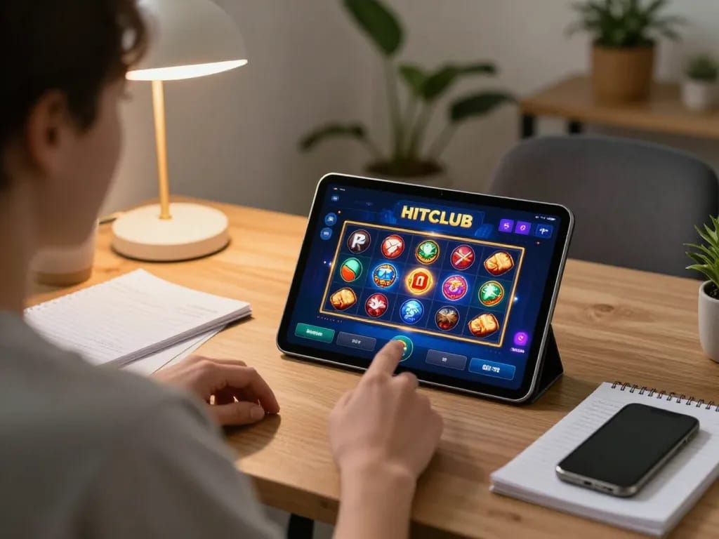 HITCLUB user enjoying an online gaming session at home with strategic betting notes.