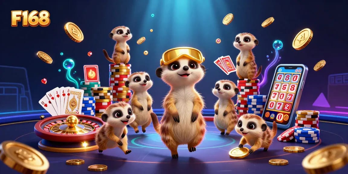 Engage with F168's lively meerkat casino scene featuring dynamic card games and sparkling wins.