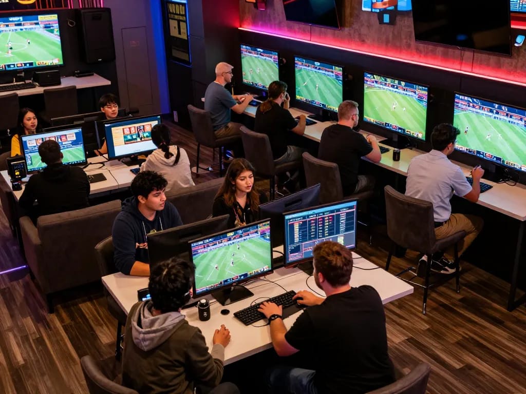 LUCKY88 sports bettors discussing strategies in a vibrant betting lounge with live games.