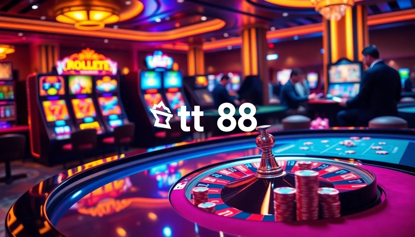 Experience the thrill of gaming at tt88 casino, showcasing roulette and vibrant slot machines.
