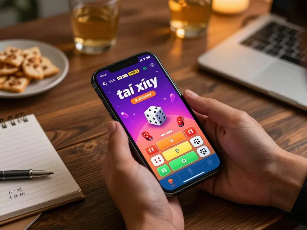 Active player engaging with app tài xỉu on smartphone in a cozy gaming setup