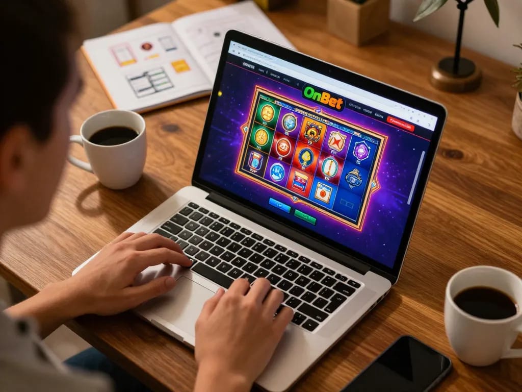 OnBet players enjoying exciting online gaming experience on laptop in comfortable home setting