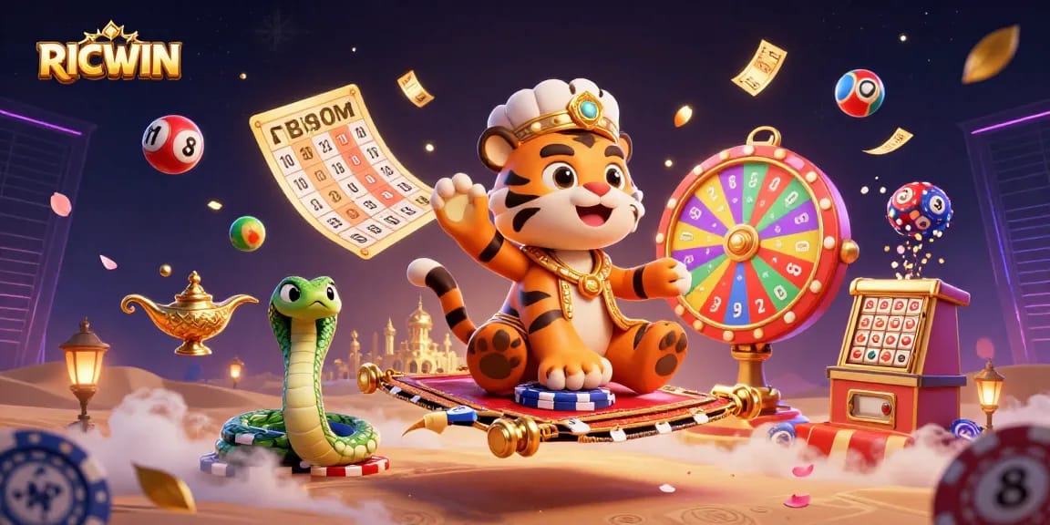 Experience the thrill of RICWIN with a vibrant, illustrated casino scene showcasing lively lottery elements.