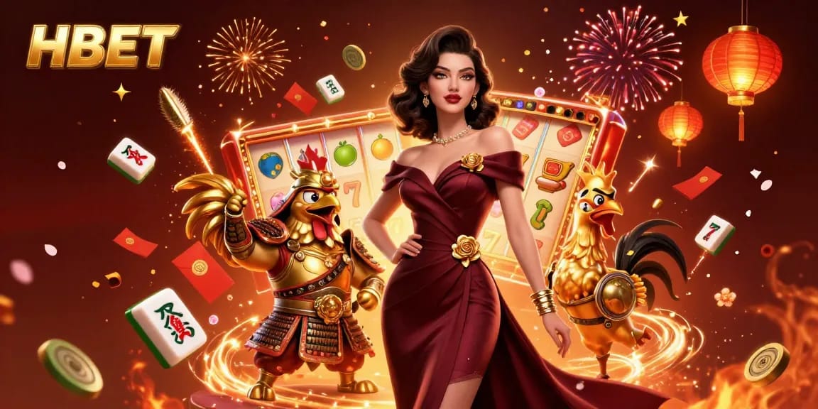 Engage with HBET's slot gaming via vibrant 3D illustration featuring exciting symbols and characters.