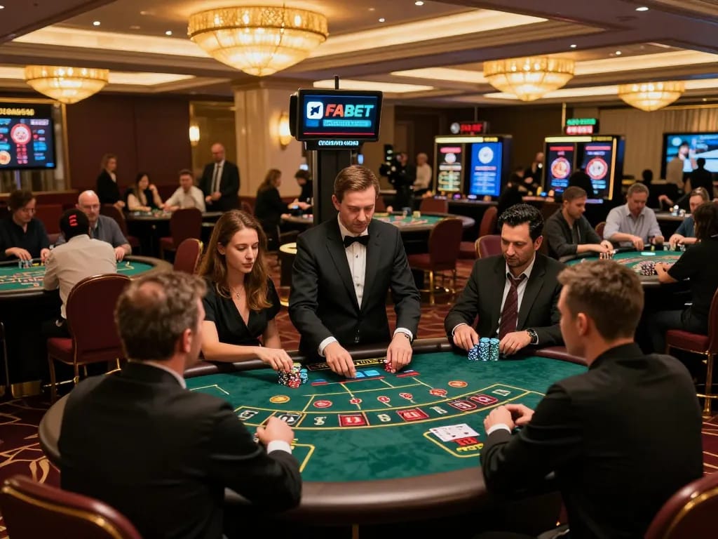 Players enjoying intense blackjack at FABET gaming tables in a lively casino, showcasing strategic gameplay.