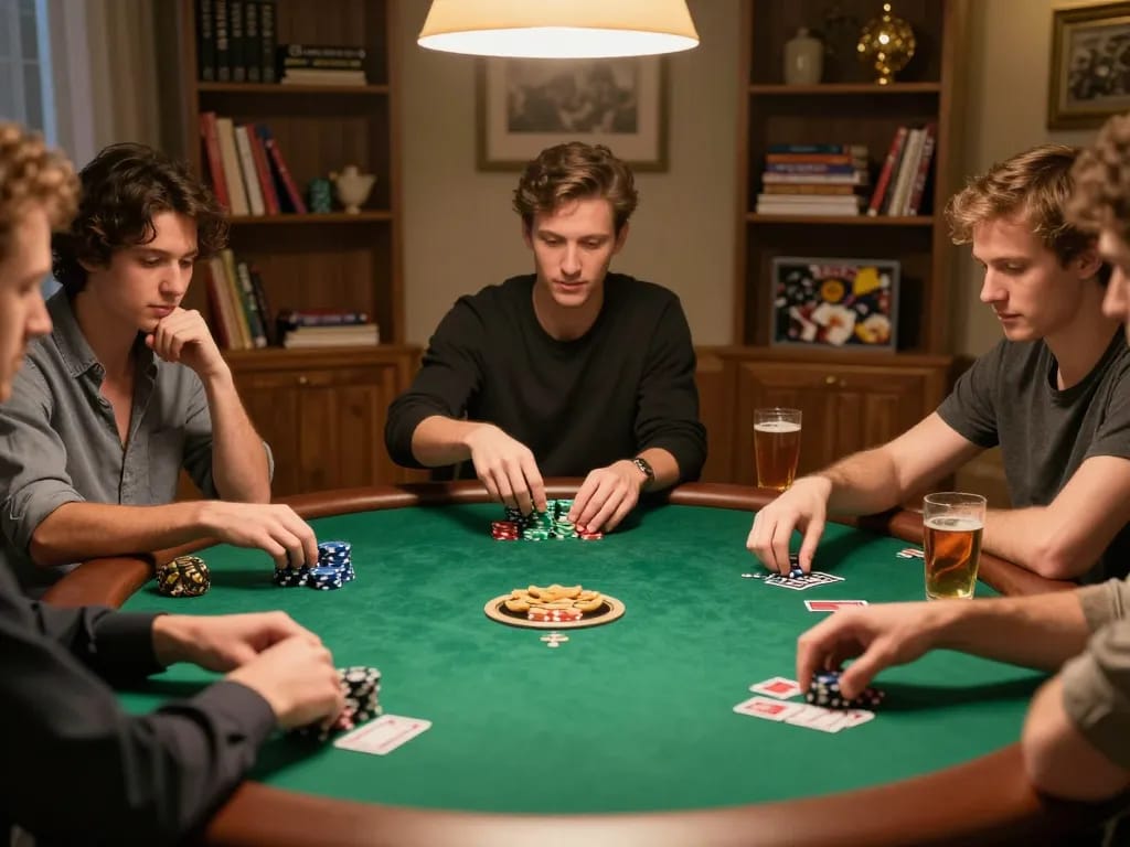 Players calculating strategies and placing bets in a lively home poker game scene showcasing Pragmaticplay.