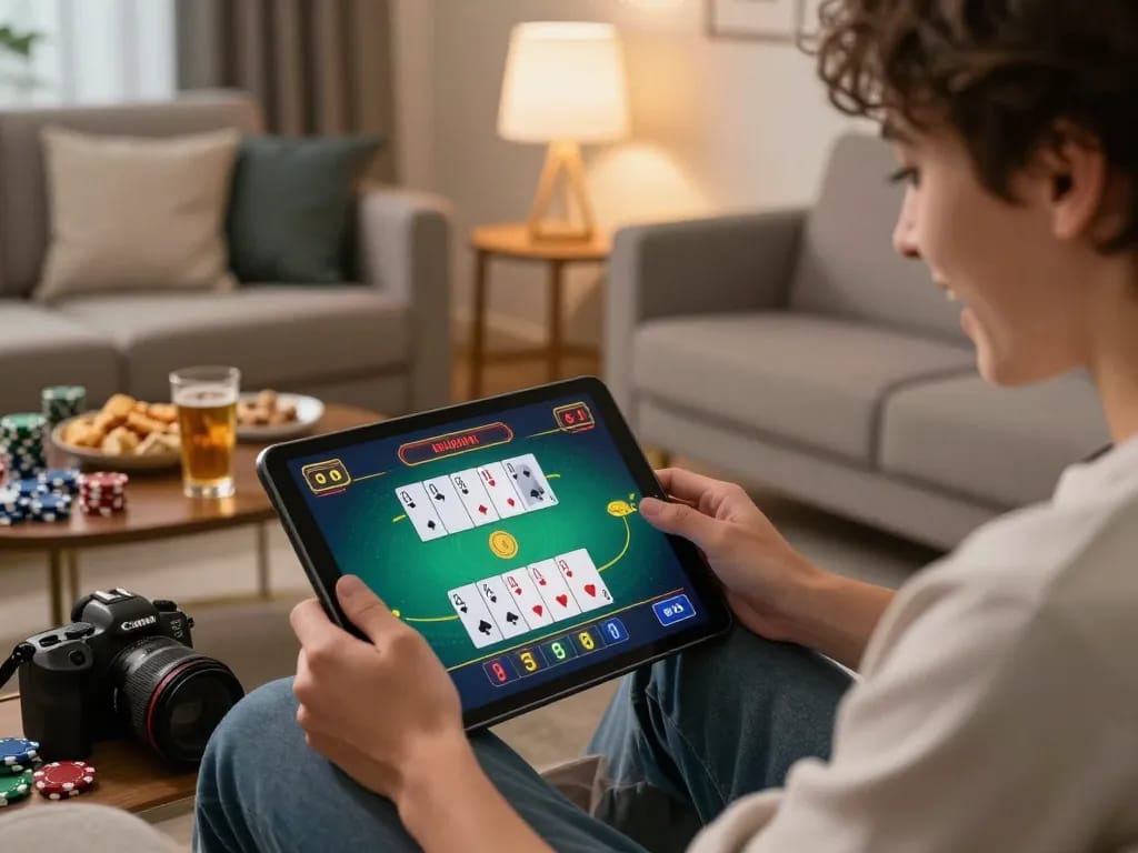 Engaging in a lively blackjack game via a tablet, showcasing the excitement of zowin's online gambling environment.