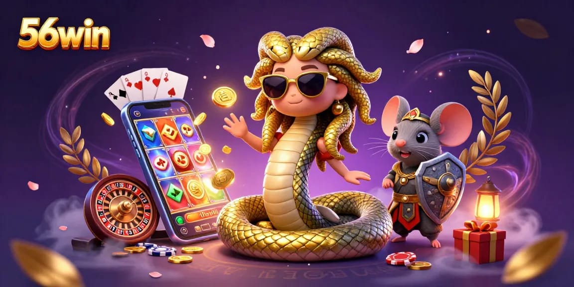Immerse in the excitement of 56win casino with Medusa and a heroic mouse amid vibrant gaming symbols.