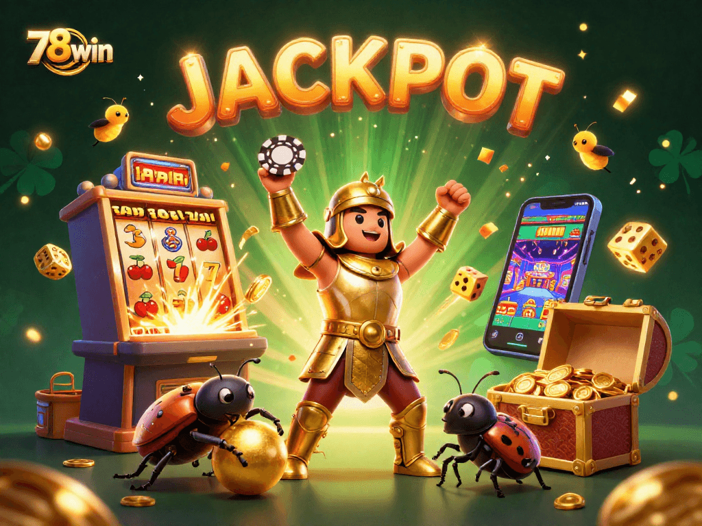 Experience thrilling wins with 78win's 3D cartoon jackpot scene, full of vibrant casino elements and energy.