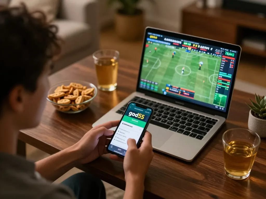 Person placing bets using the god55 app during an engaging sports event at home