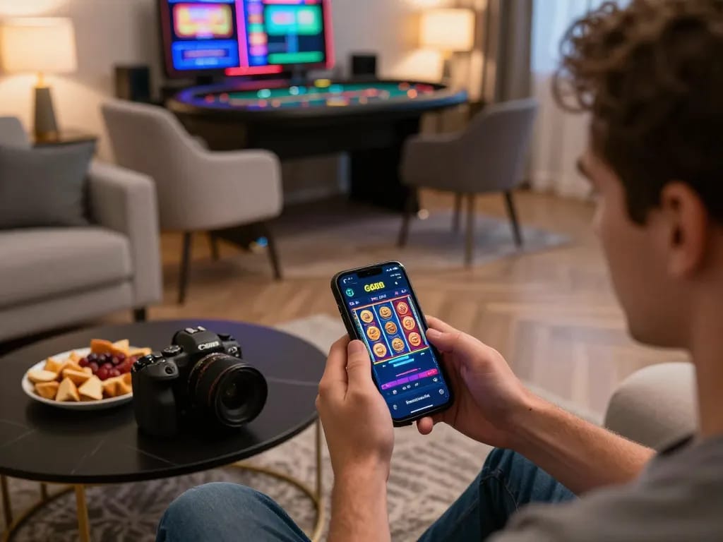 Player engaging with the GG88 app on a smartphone, showcasing colorful slots and poker tables in a cozy home setting
