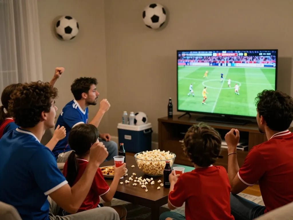 Football fans enjoying live matches on Okwintv with excitement and snacks in a lively home setting.