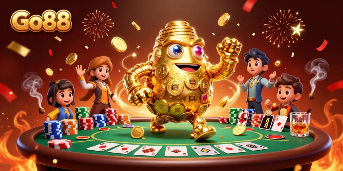 Experience the thrill of Go88 with our engaging 3D illustration of dynamic poker action and game excitement.