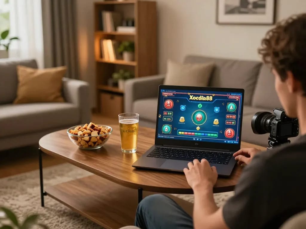 Xocdia88 player engaged in online gaming at home on laptop, showcasing vibrant gameplay.