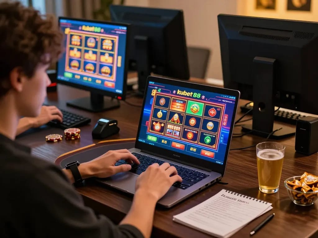 Kubet88 player engaged in online gaming at a modern home desk, showcasing strategy and excitement.