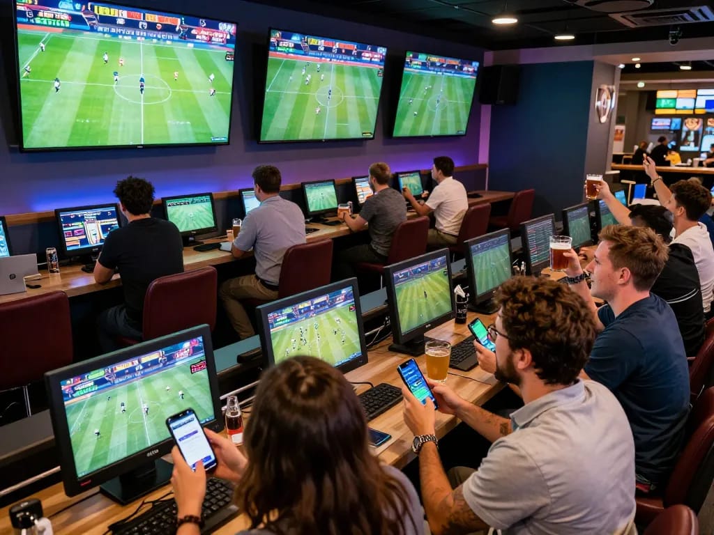 Exciting scene at ta88 Casino with bettors engaging on smartphones amid live sports matches.