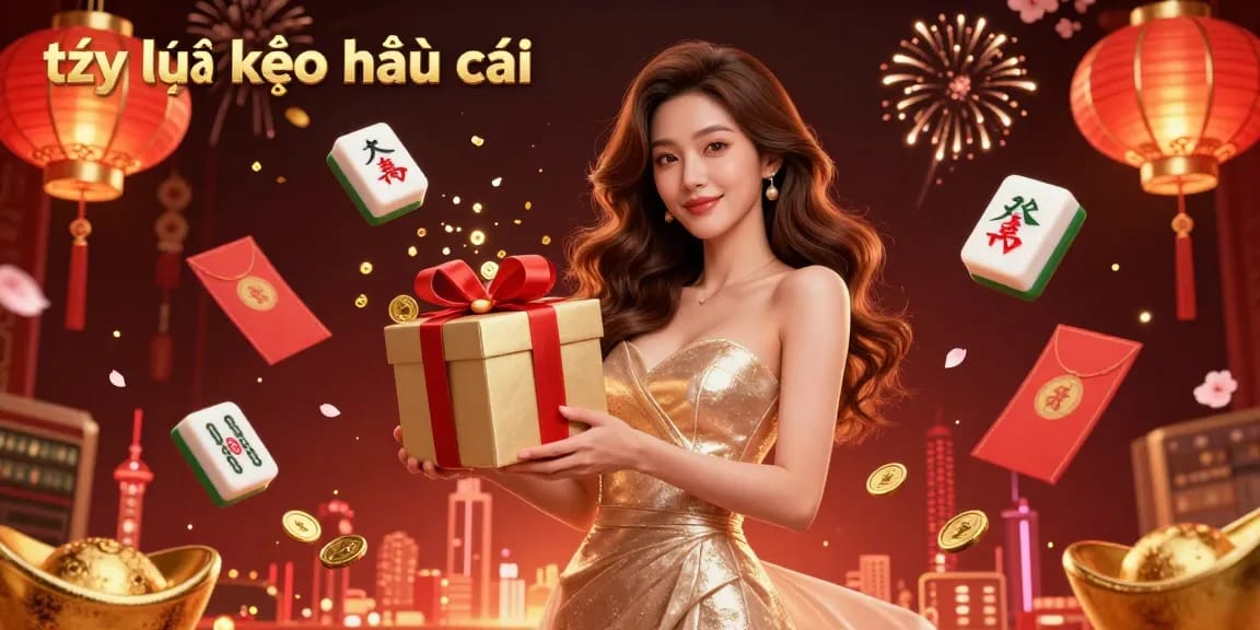 Tỷ lệ kèo nhà cái celebration featuring an Asian woman in a festive casino scene with gold coins and red envelopes.