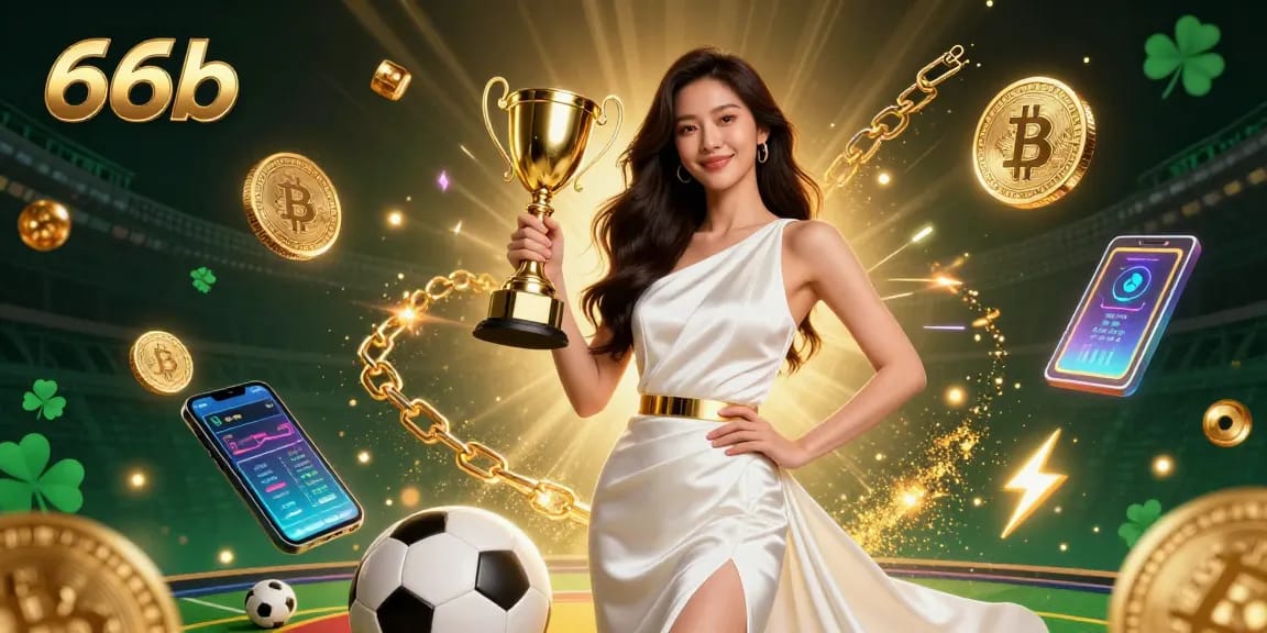 Bet on 66b and celebrate wins with a victorious Asian woman holding a trophy in a rich digital casino scene.
