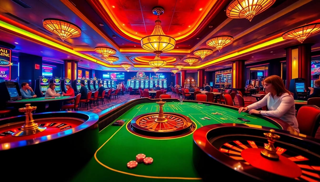 Experience the thrill of gaming at LC88 COM with an elegant casino scene featuring roulette and poker.